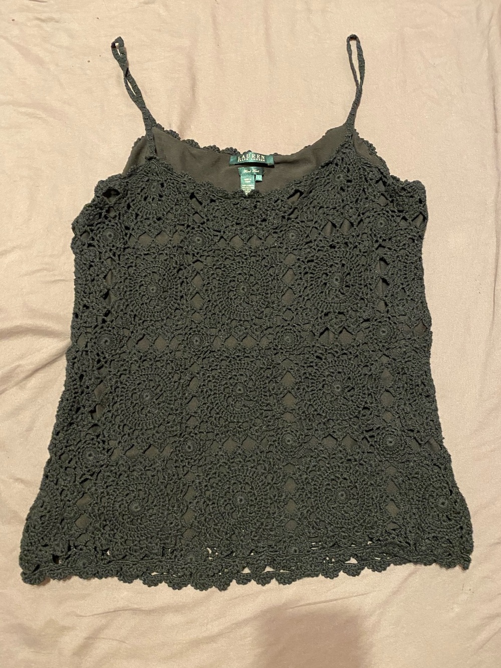 Lauren Ralph Lauren hand knit black spaghetti strap cami tank top, size large